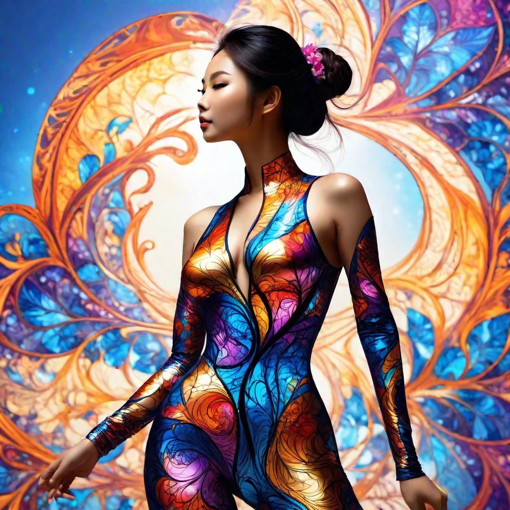 (masterpiece, best quality:1.2), 1 pretty asian girl, bodysuit, full body, female pose, thin, fine fractal glossy vivid colored ink sketch shiny contours outlines of a perfect physique female silhouette