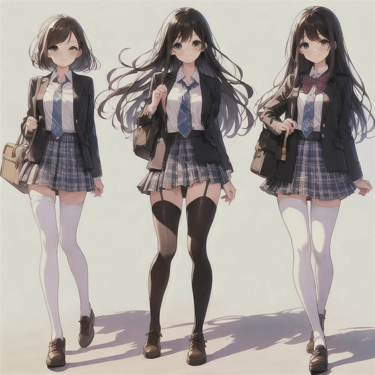 (full body)),(masterpiece, best quality), (3 girls1.5) ,((Contrapposto:1.5)), looking at viewer, walking,((v_arms:1.2)), ((white full-length tights:1.3)), wearing High_school_Uniform 1.3), ribon, plaid skirt, (black skirt:1.3),BREAK masterpiece black hair, ((long hair:1.2)), ((parted bangs:1.3)), black eyes, good hand, ((small breasts)), (over 20 years old, under 25 years old:1.2), , spotlight, happy, smile, BREAK in the class room