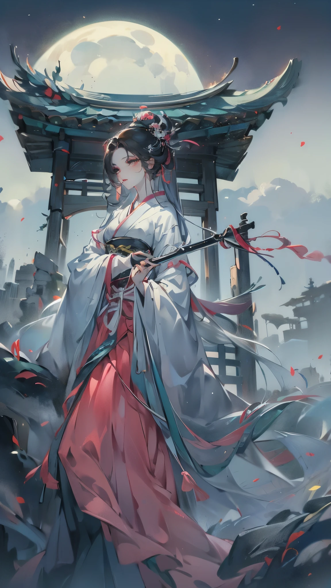 (((best quality))),(((super detailed))),(((masterpiece))),illustration,1 person,1 lady,swordsman,female warrior,Chinese traditional clothing,Everlasting,ink style,martial arts,posture,roof,moonlight,night,background,Chinese architecture,Misty Mountains,contour,Tranquility--ar 16:9，has a corset