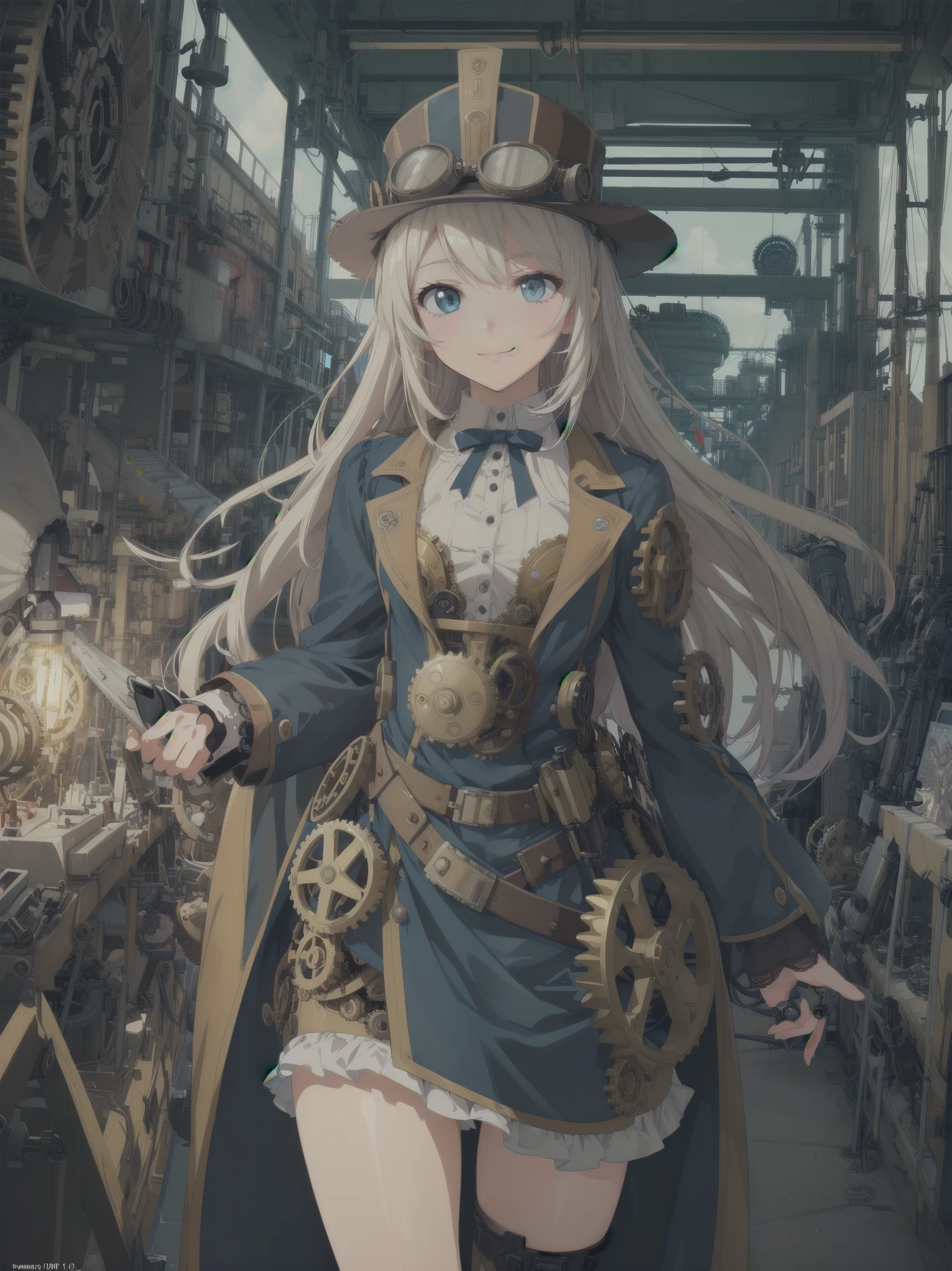 (comic book style),(line drawing_anime),(cowboy shot, highest quality, ),(Laura Budd Photo:1.2),(Laura Add Details:1.0),8k, flat color:0.8,1 girl,smile、(Highly decorative and complex mechanical steampunk fashion, lace flare dolphin hat、goggles 1.5、machinery background、Gear background、complex mechanized steampunk factory、1.5)