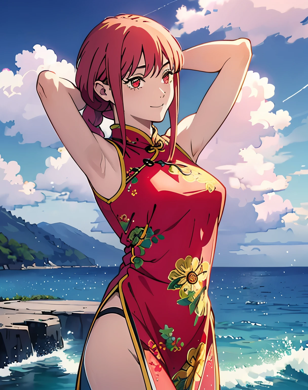 (masterpiece, best quality, high resolution, animescreencap, anime colored,), (perfect anatomy, beautiful detailed eyes, beautiful detailed body, beautiful breast, shiny skin), 1girl, red hair, side bangs, braided ponytail, medium breasts, smiling,red eyes, ringed eyes, arms up behind head , armpits, looking at viewer, blushing,, ocean, blue sea, blue sky, clouds, sun, red chinese dress with flower design