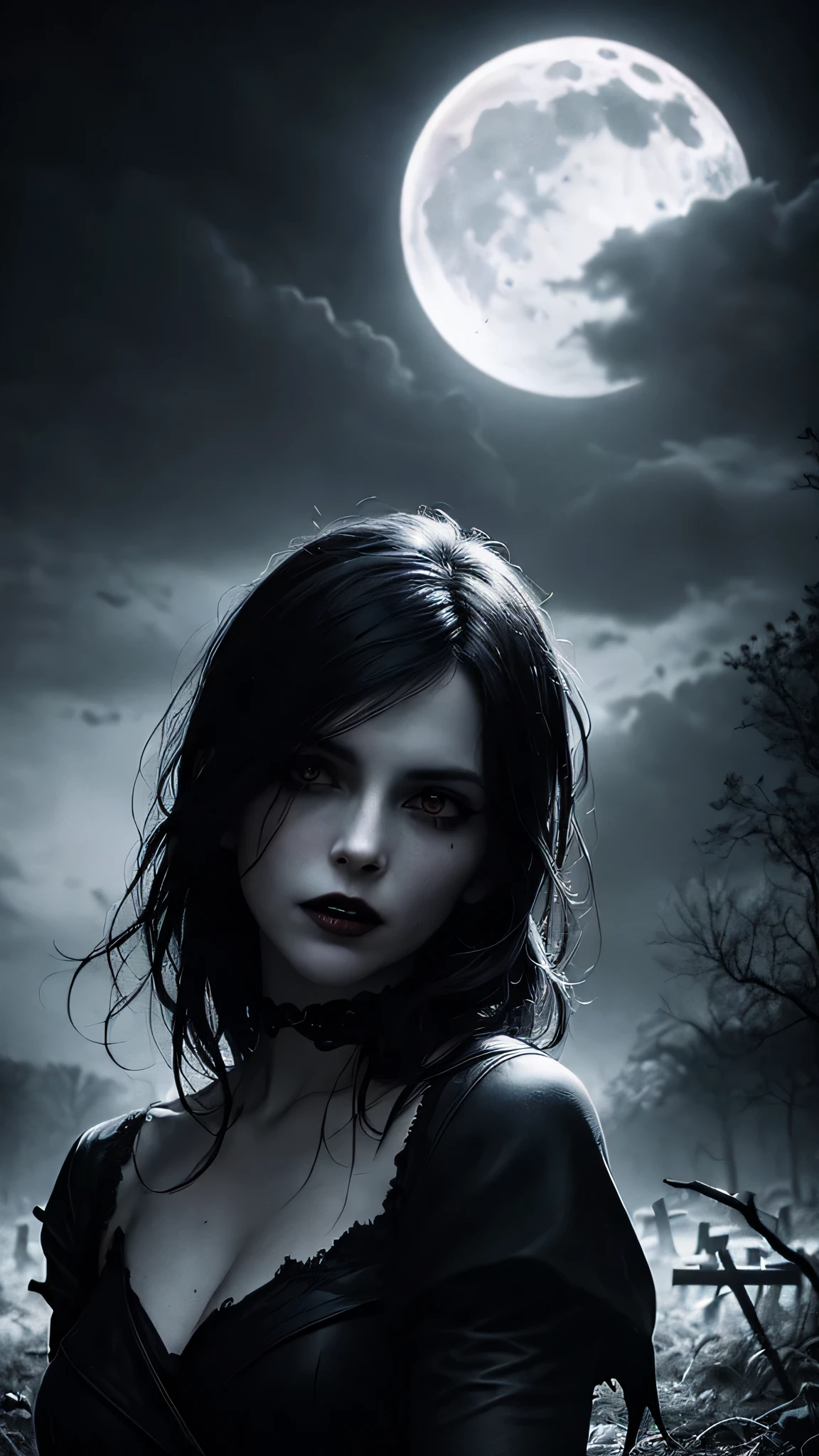 Mulher vampira, abandoned cemetery, emergindo das sombras, Ethereal beauty, aura sinistra, silent grace, intense gaze, atmosfera iluminada pela lua, artist: Annie Leibovitz, estilo: dramatic portrait, average: Fotografia digital, tipo: retrato do personagem, esquema de coreonochromatic with an emphasis on cold tones, Lighting: moody moonlight highLighting contrast.