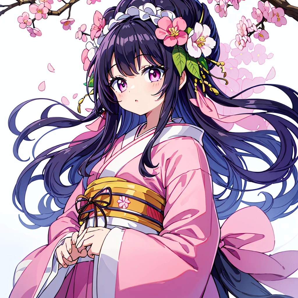 Tohka Yatogami, 1girl, solo, breasts, purple eyes, long hair, cleavage, purple hair, looking at viewer, medium breasts, upper body, bow, hair ornament, hair between eyes kimono dress