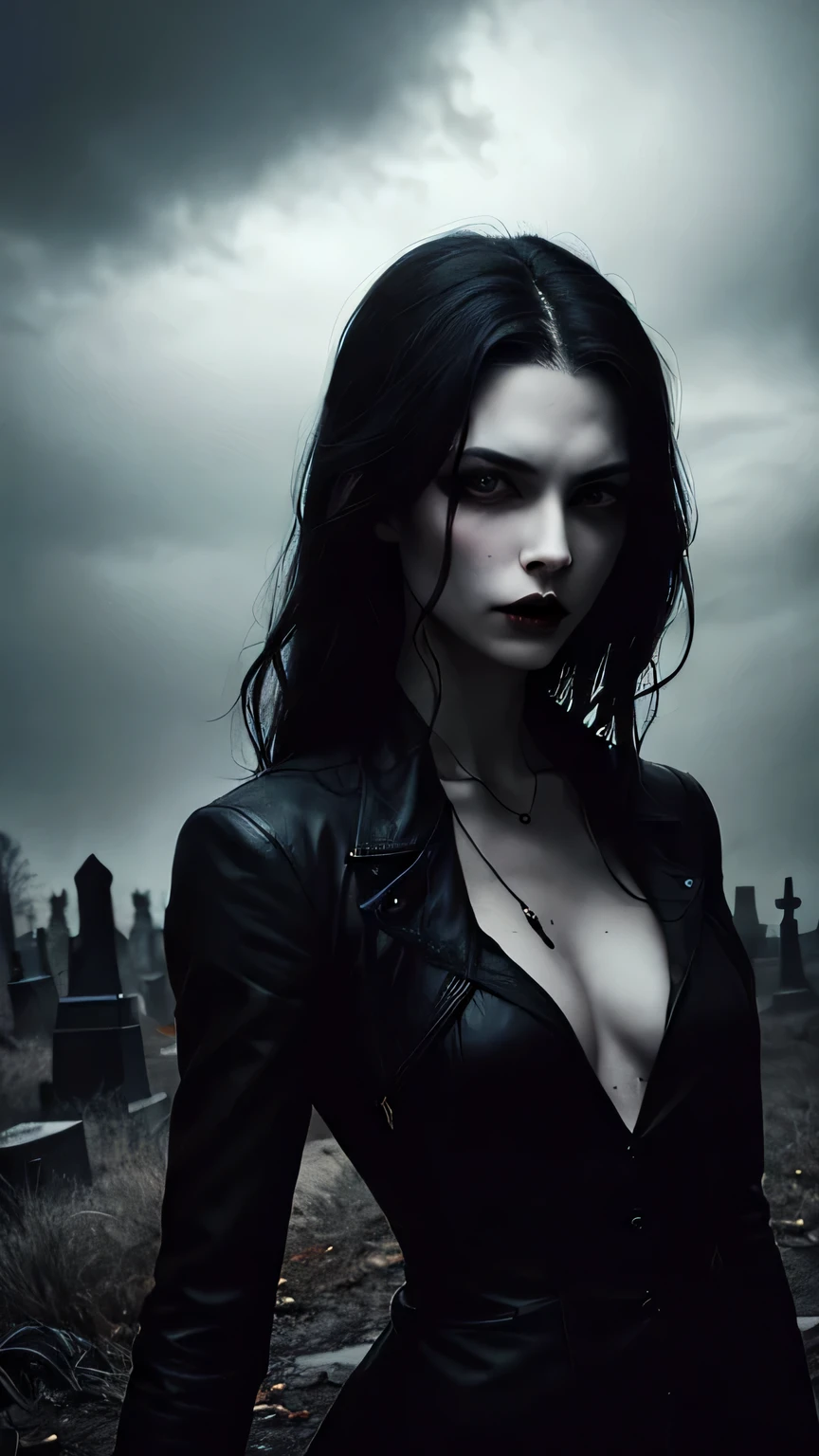 Mulher vampira, abandoned cemetery, emergindo das sombras, Ethereal beauty, aura sinistra, silent grace, intense gaze, atmosfera iluminada pela lua, artist: Annie Leibovitz, estilo: dramatic portrait, average: Fotografia digital, tipo: retrato do personagem, esquema de coreonochromatic with an emphasis on cold tones, Lighting: moody moonlight highLighting contrast.
