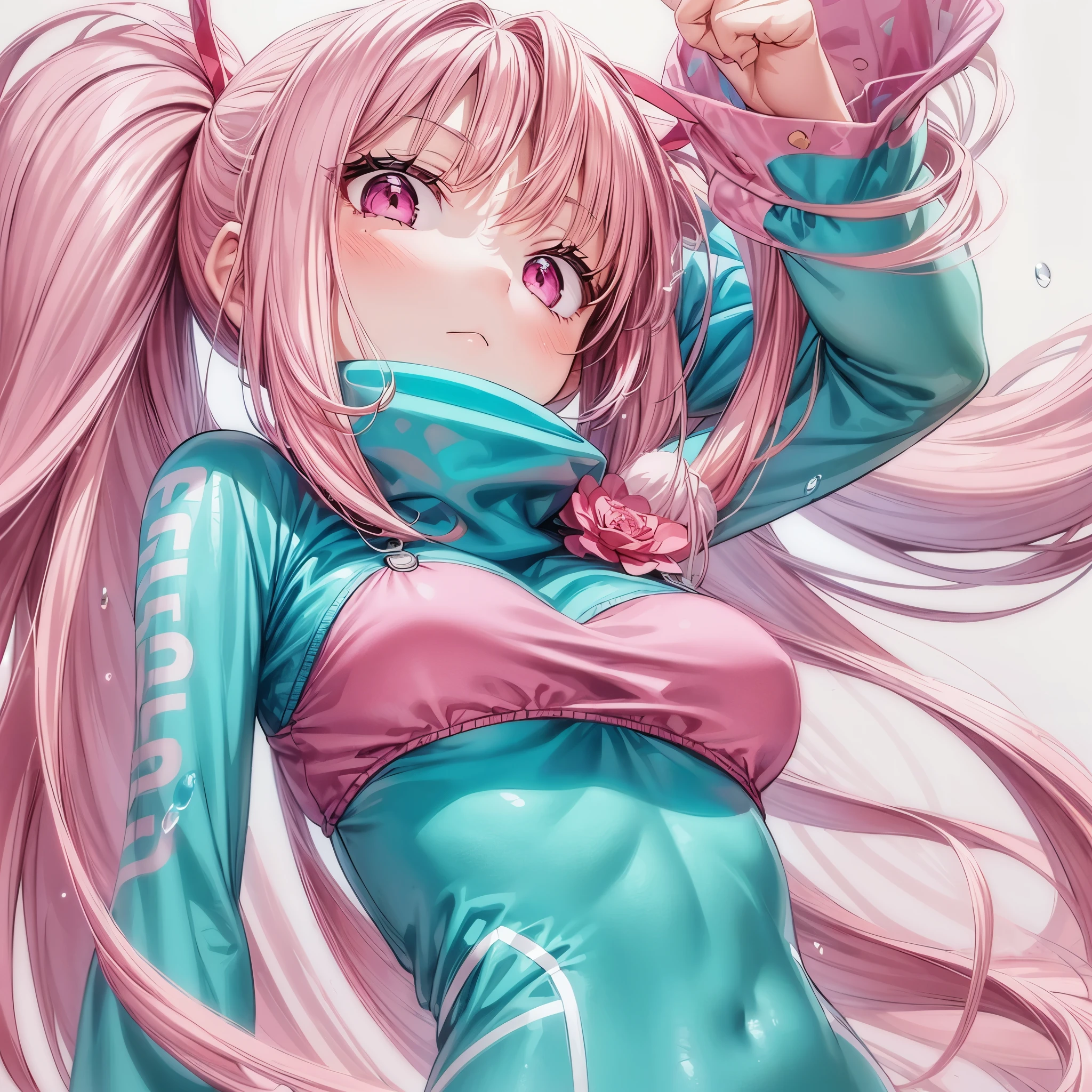 1girl, long pink twintail hair, detailed pink eyes, closed mouth, turquoise and pink long sleeved clothes, masterpiece, high res, beautiful, best quality, ((splash anime art))