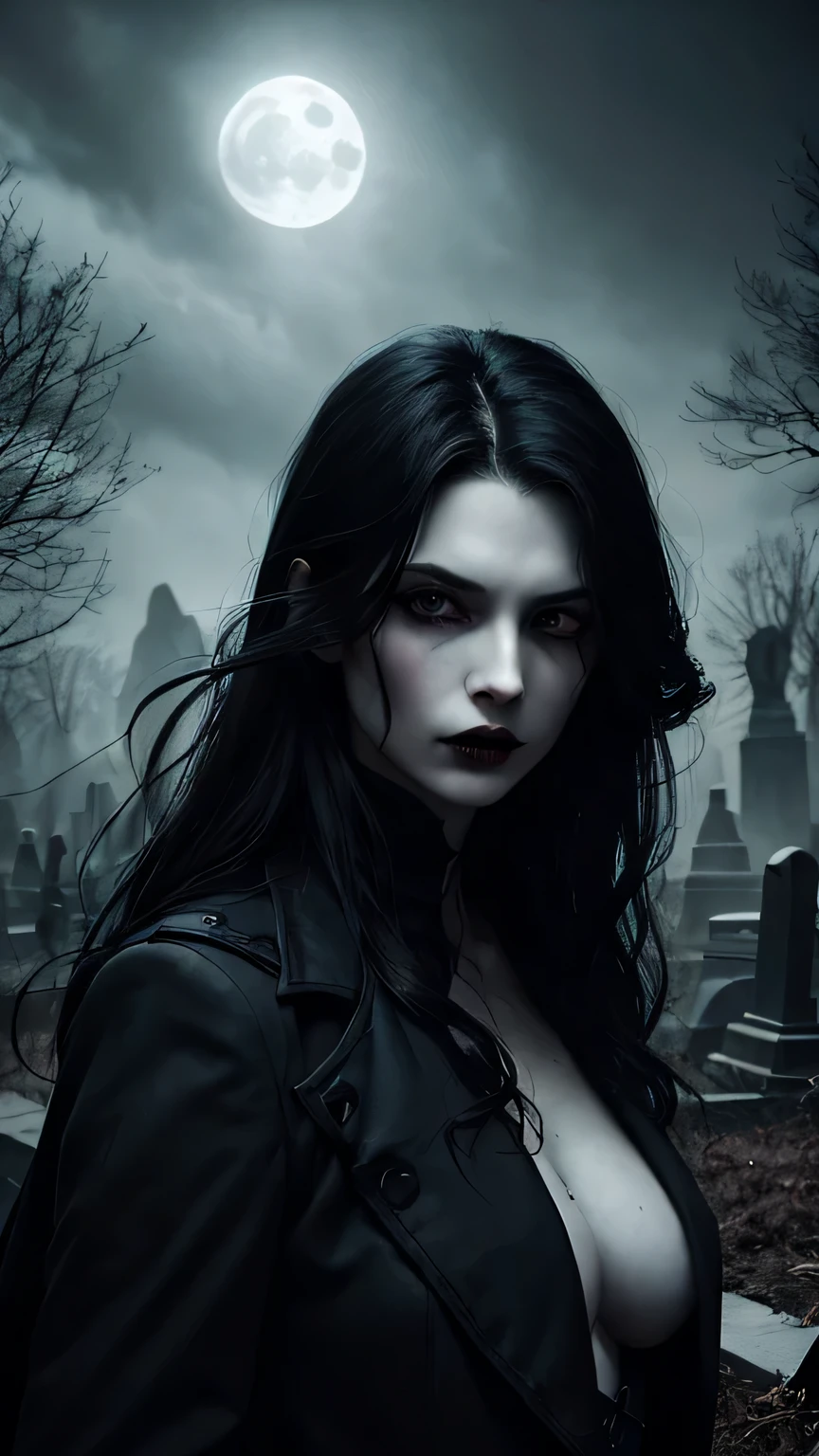 Mulher vampira, abandoned cemetery, emergindo das sombras, Ethereal beauty, aura sinistra, silent grace, intense gaze, atmosfera iluminada pela lua, artist: Annie Leibovitz, estilo: dramatic portrait, average: Fotografia digital, tipo: retrato do personagem, esquema de coreonochromatic with an emphasis on cold tones, Lighting: moody moonlight highLighting contrast.