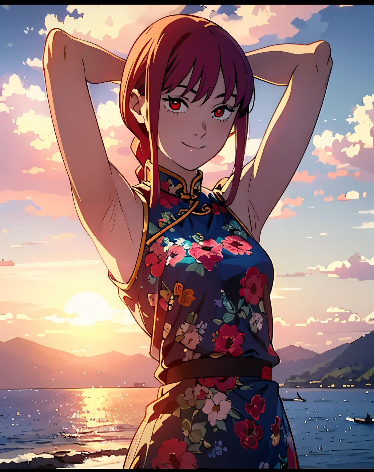 (masterpiece, best quality, high resolution, animescreencap, anime colored,), (perfect anatomy, beautiful detailed eyes, beautiful detailed body, beautiful breast, shiny skin), 1girl, red hair, side bangs, braided ponytail, medium breasts, smiling,red eyes, ringed eyes, arms up behind head , armpits, looking at viewer, blushing,, ocean, blue sea, blue sky, clouds, sun, red chinese dress with flower design