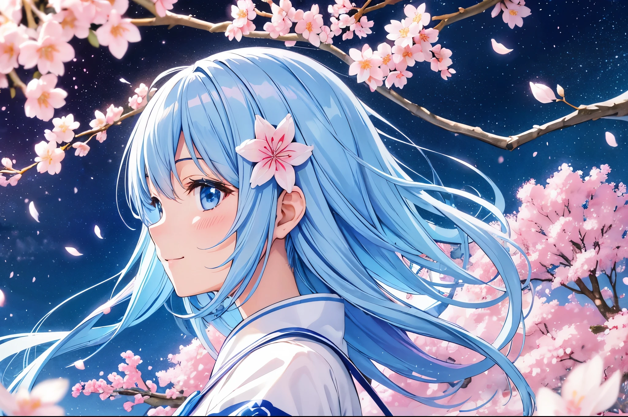 (High resolution、Super detailed、nffsw、movie)、alone、1 girl、happiness、Sakura flower gardenに立つ女の子、Girl around the petals、adorable smile、looking at camera、Full body Esbian、long-haired girl with blue hair、Light blueの髪、look at the camera、fantasy、pop art、profile、highly detailed face、highly detailed eyes、Sakura flower garden、Ultra Detailed Fields、White blue sky、 Light blue、blanche、nebula in the sky、watercolor painting、pastel colour