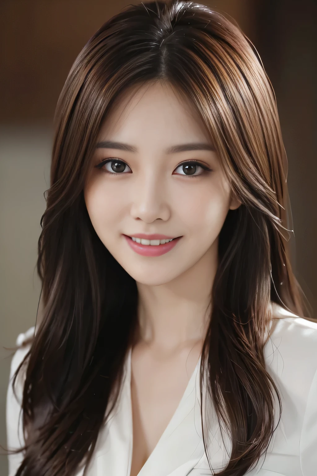 table top, highest quality, realistic, Super detailed, finely, High resolution, 8k wallpaper, 1 beautiful woman,, light brown messy hair, wearing a business suit, sharp focus, perfect dynamic composition, finelyて美しい目, thin hair, Detailed and realistic skin texture, smile, close-up portrait, model body shape、laughter、