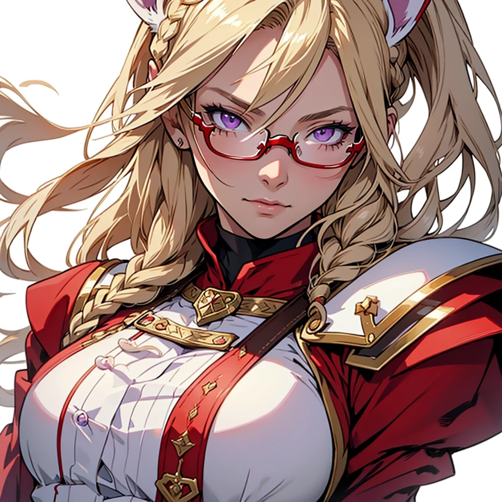 medieval anime art, masterpiece, best quality, by professional artist, female, solo, upper body portrait, detailed composition, detailed eyes, detailed hair, (((white background))), (((no background))), braided dark blonde hair, purple eyes, white bunny ears, wearing red mage armor, glasses