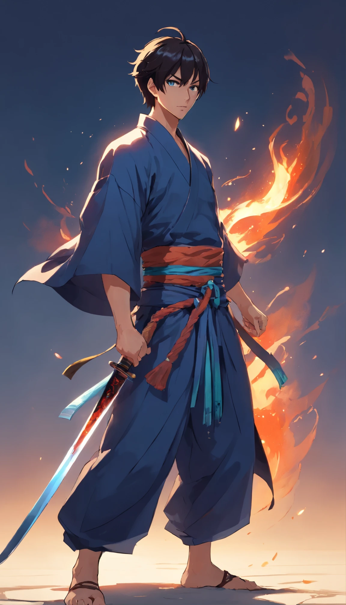middle aged man, Evil painting style, A high resolution, Black color hair, Half are demonic bodies,Half a devil face, Japanese Warrior, Delicate three-dimensional blue flame demon face, sbeard, Wearing a hat, Expression of anger, Perfect body proportions, kaftan, Black and white robes, A scabbard hangs from his waist, Handsome, Full body view, standing on your feet, (White background:1.3), swordsman, He held a long knife that was wide and heavy in his hand。。, Face the lens, (Blackn clothes:0.8), High detail, Masterpiece, ccurate, Anatomically correct, Textured skin