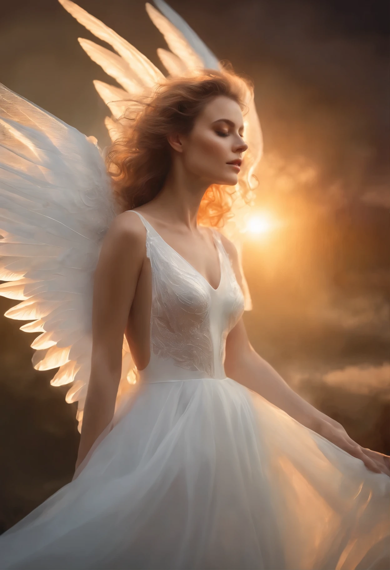 A painting of a woman in white transparent dress with wings floating like a angel in latex seetrought with natural boutside background with cliud and sun