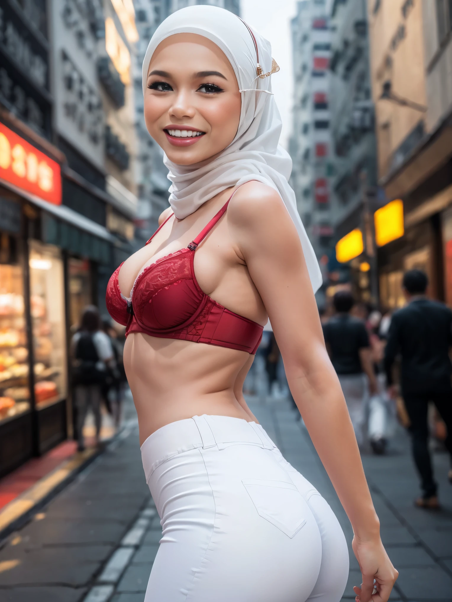 woman in hijab, ((tight white high waist pants and red lace bra)), (Small buttocks), Emphasize ass,big round ass, Smaller chest,Clothes are sheer,Smiling smile, (hijab flying), de pele branca,big breasts thin waist, Hong Kong style street, Hyper-Realism, Cinematic lighting, depth of fields, From below, from side view, vanishing point, F/2.8, Anatomically correct, Textured skin, Super Detail, Best Quality, hight resolution,