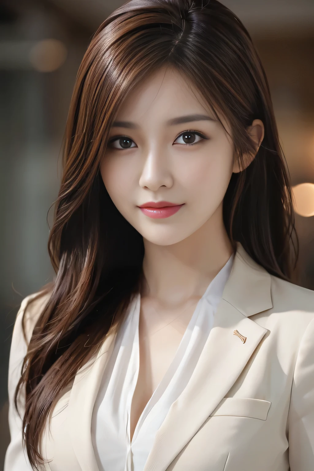 table top, highest quality, realistic, Super detailed, finely, High resolution, 8k wallpaper, 1 beautiful woman,, light brown messy hair, wearing a business suit, sharp focus, perfect dynamic composition, beautiful and detailed eyes, thin hair, Detailed realistic skin texture, smile, close-up portrait, model body shape