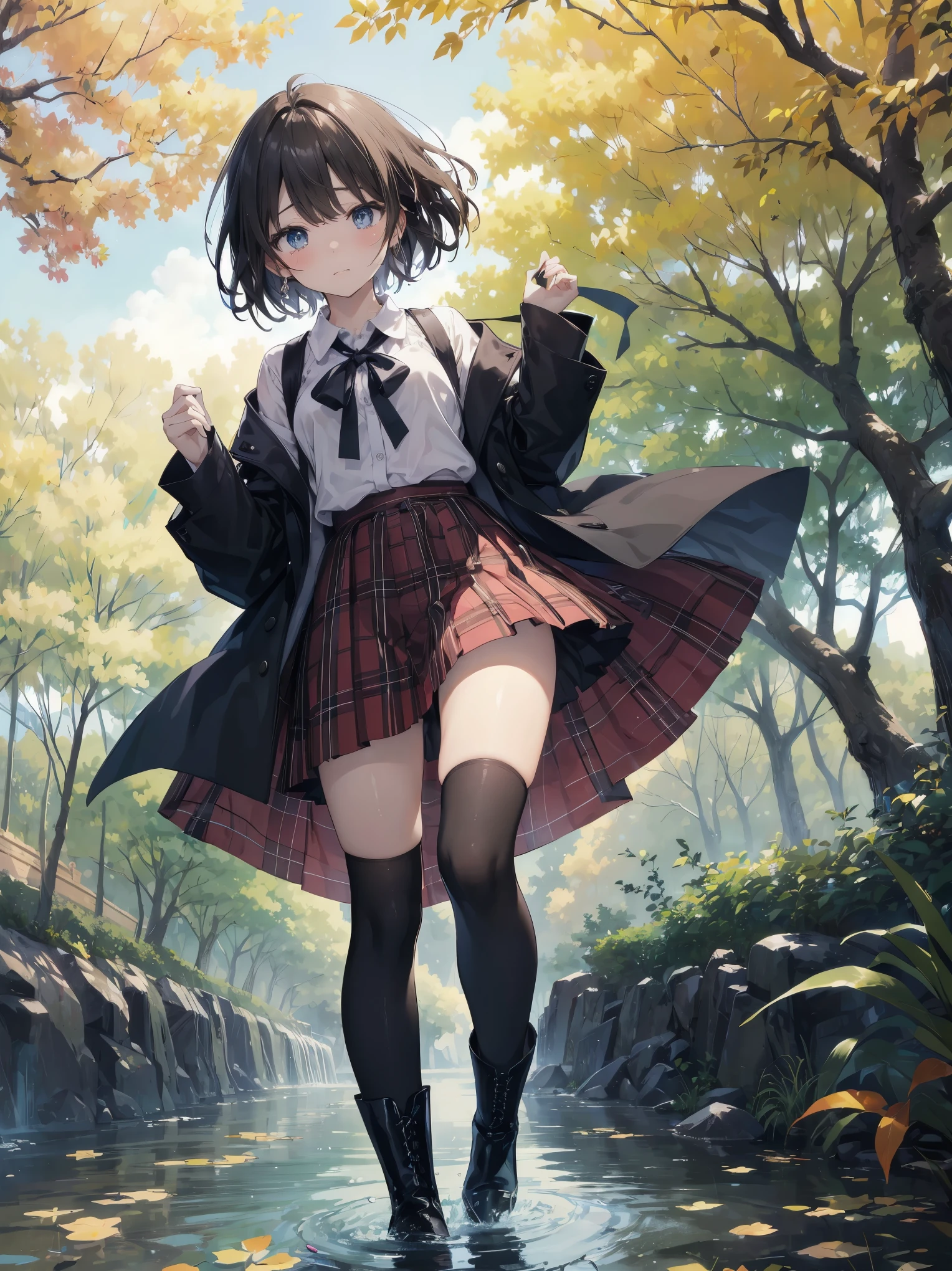 (highest quality、16K、masterpiece、ultra high resolution、Impressionism、Photoreal:1.2)、cowboy shot、sharp focus、Detailed faces and eyes walking along a tree-lined avenue々group of, March, during butn, in butn, Golden butn, golden leaves, butn season, trending photos, March, but, beautiful画像, beautiful美学, butn, butn season, beautiful日, in butn, !!beautiful!!)、sharp pupils、realistic student、beautiful顔、12 year old beautiful girl、shiny skin、very short hair、beautiful dark brown hair、dull bangs、dark blue eyes、cam plaid、black stockings、knee high boots、have、(hold the skirt、skirt up:1.4)、(need to hurry、Watery eye、embarrassed look:1.2)、