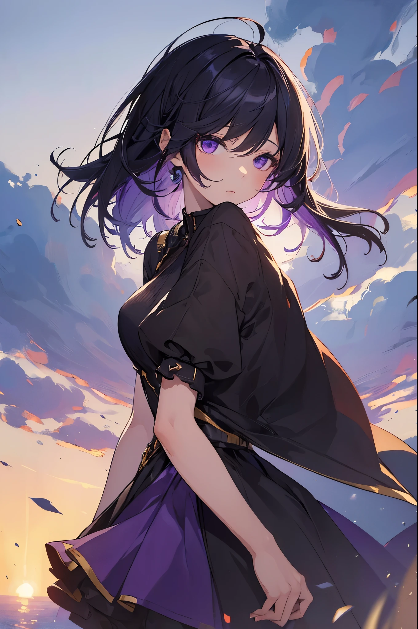 (masterpiece:1.4), (best quality:1.4), very detailed, convoluted, very detailed, (perfect face), illustration,soft lighting, saturated_body, 1 woman, Purple and black two-tone short hair blowing in the wind.Costume, Colorization,