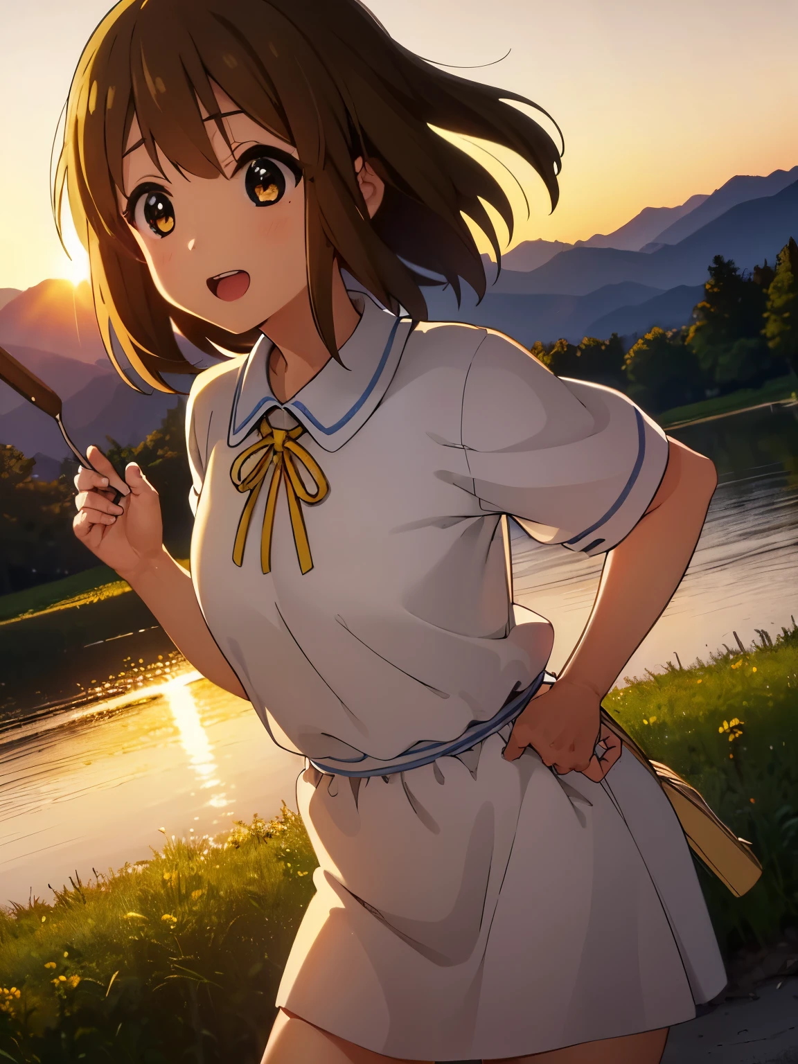 1girl, (((​masterpiece))), top-quality, top-quality, High Details, hirasawa yui, 1girl, Sakuragaoka High School Uniform, student clothes, maid cafe uniform, (((two yellow hairpin))), short hair, A brown-haired, brown-eyed, solo, reddish, thin blue ribbon, full body, full image, Camping by the lake, campfire, camping tent, camping cooking utensils, grilled meat, illustratio, comic strip, soothing tones, Subdued Color, Soft cinematic light, adobe lightroom, photolab, HDR, intricately and hyper-detailed、(((depth of fields))))。(((​masterpiece)))。(((top-quality))).)((ultra-detailliert)))。(((illustratio)))。(((takeout))).dynamic focus.big breasts.(((lake))).(((A mountain scape))).(((Face of happiness))). open mouth.(((put hands on the hip))).(((up chest))).((evening glow)).((the setting sun)).