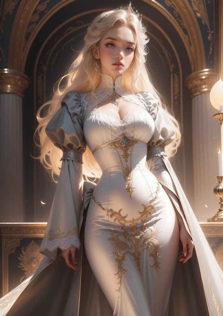 { - anatomy error}(Masterpiece - Ultra-detailed, very high resolution) Prepare to be enchanted by a true masterpiece that combines ultra-detailed art with high-resolution rendering. This work depicts a mesmerizing woman with very long blond hair (1.3) and captivating gray eyes (1.2), emanating an aura of elegance and mystery in Victorian settings. The intricate details and realistic textures invite you to explore every aspect of this enchanting composition. Woman wearing beautiful classic Victorian costume from the year 1878. Red lips. Happy face. Smiling. white (white) dress. backwards, looking back, dynamic poses. Get ready to dive into a world where beauty and craftsmanship merge perfectly.