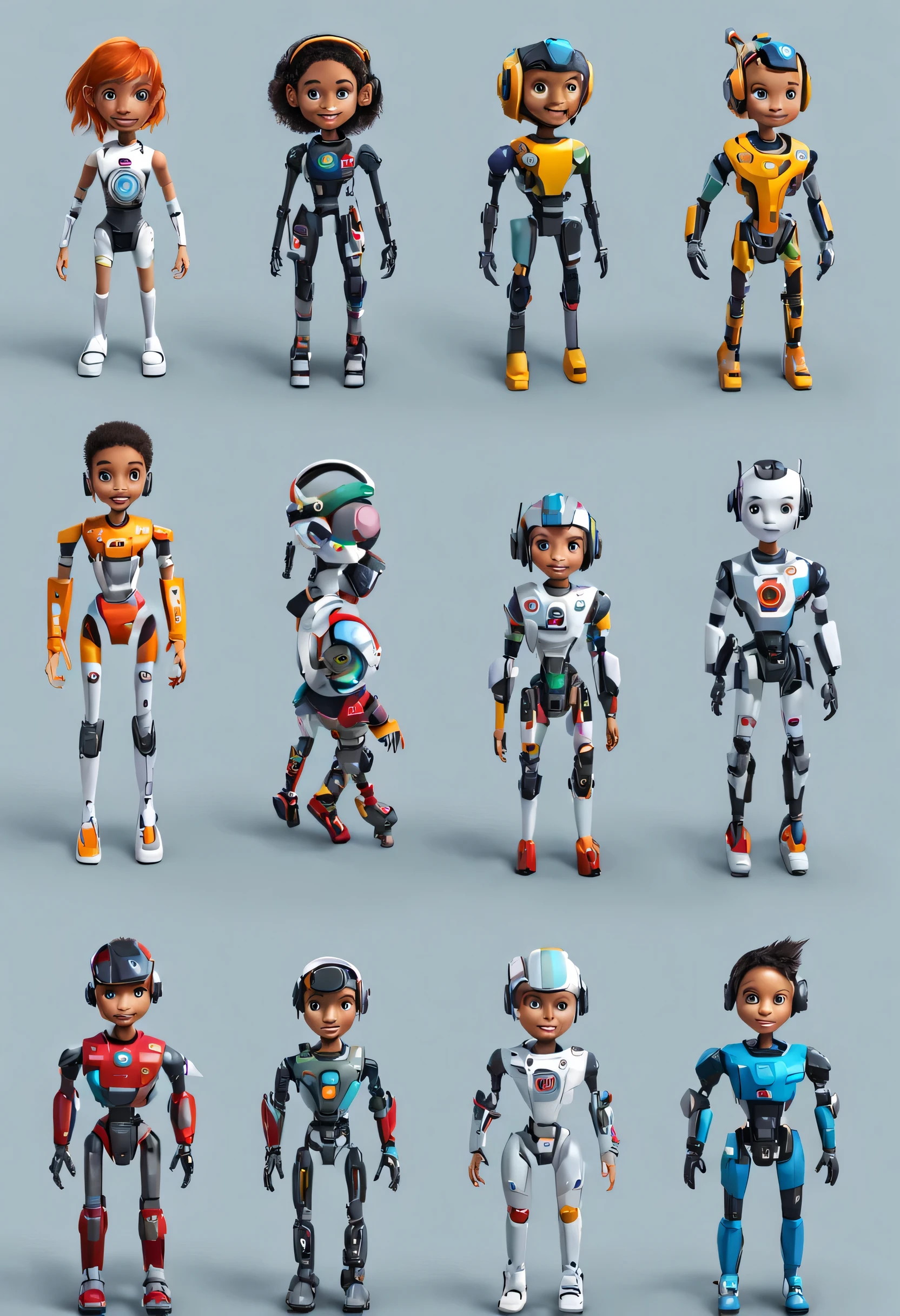 Create 8 different machine-based humanoid characters for kids.