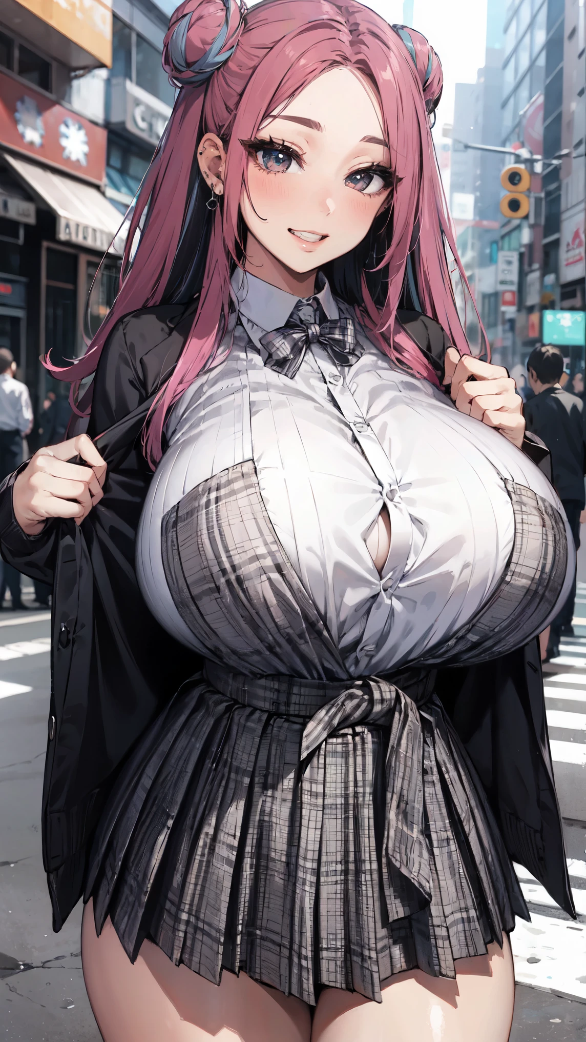 ((sagging breasts,mature female,huge breasts, gigantic breasts)),solo,grin,cowboy shot,gyaru,((nagatiti)),eyeshadow,lip,Shiny eyelashes,pink hair, ((two-tone hair)),piercing,((bare forehead)),new york street, double bun,long curly hair,Underwear to show off, white collared shirt, loin cloth cardigan, plaid pleated skirt,