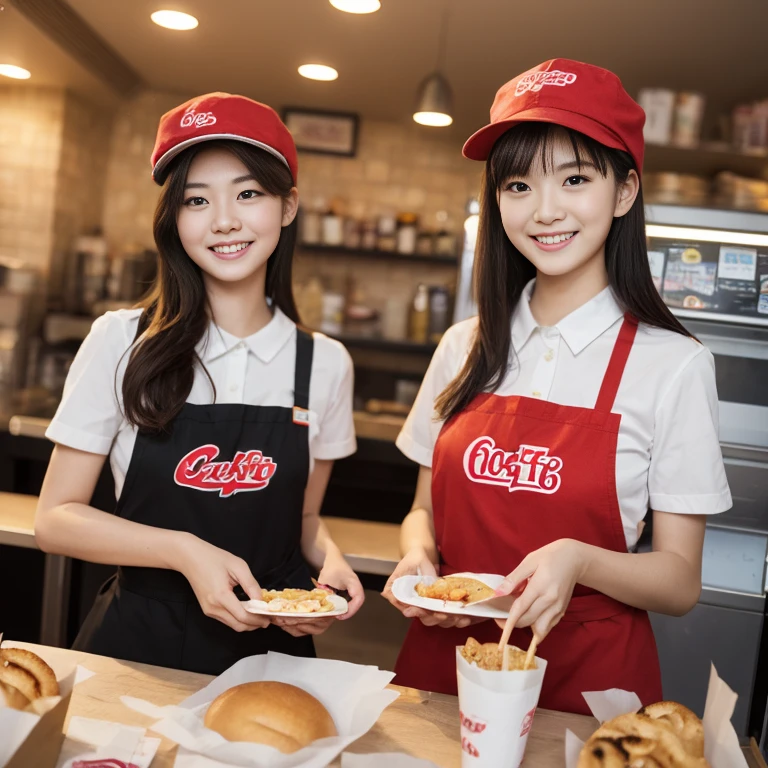 (realistic、Photoreal、super detailed、best detailed skin、highest quality、masterpiece、超A high resolution)、very cute japanese woman、26 years old、gradient lighting、Worn by women in their 20s (red) (hat),fast food restaurant staff、 (lifted up)( fast food restaurant bag), Look at the camera with a gentle smile、Serving customers at the cash register、front