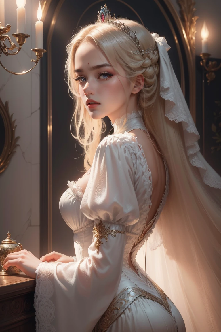 { - anatomy error}(Masterpiece - Ultra-detailed, very high resolution) Prepare to be enchanted by a true masterpiece that combines ultra-detailed art with high-resolution rendering. This work depicts a mesmerizing woman with very long blond hair (1.3) and captivating gray eyes (1.2), emanating an aura of elegance and mystery in Victorian settings. The intricate details and realistic textures invite you to explore every aspect of this enchanting composition. Woman wearing beautiful classic Victorian costume from the year 1878. Red lips. Happy face. Smiling. white (white) dress. backwards, looking back, dynamic poses. Get ready to dive into a world where beauty and craftsmanship merge perfectly.