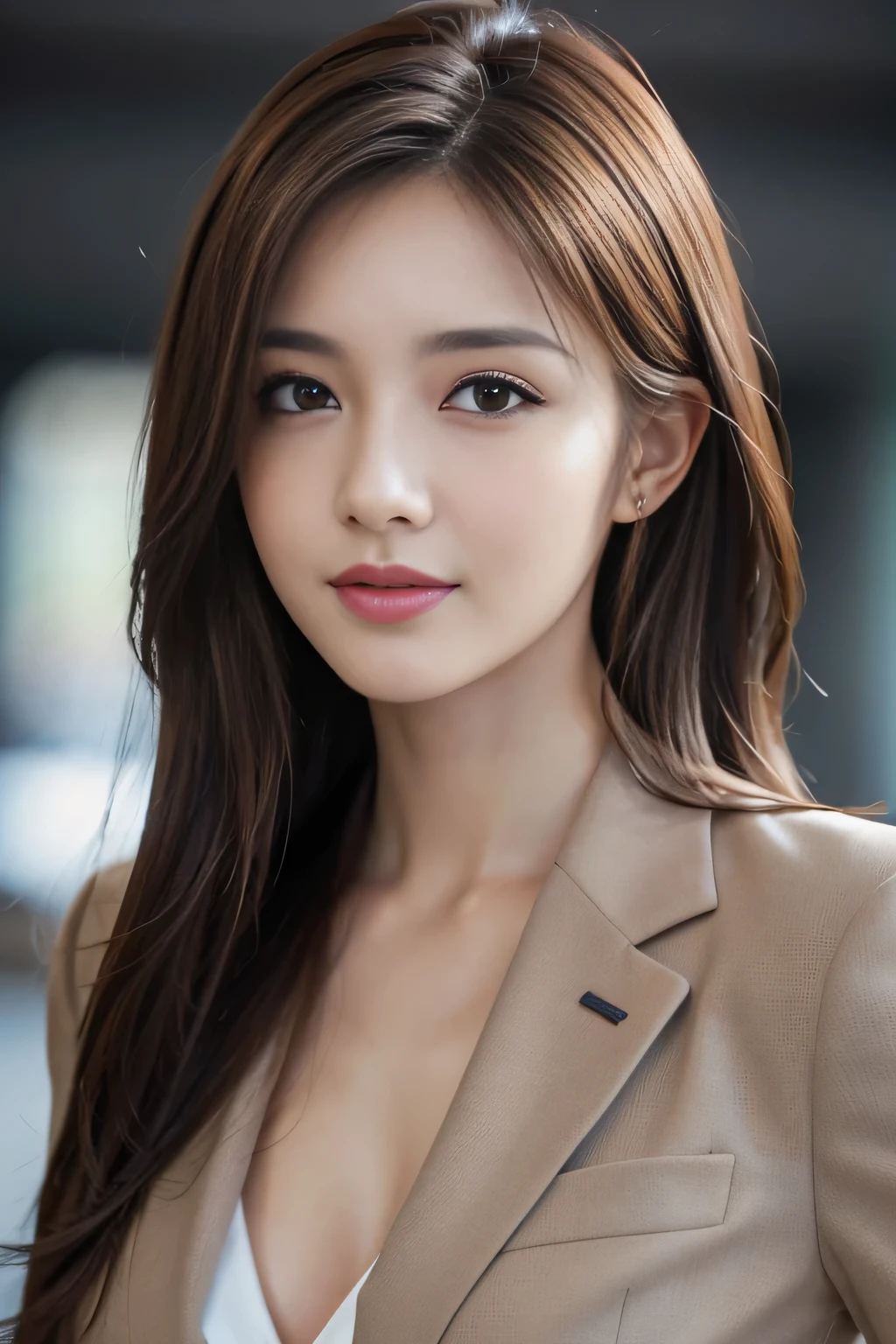 table top, highest quality, realistic, Super detailed, finely, High resolution, 8k wallpaper, 1 beautiful woman,, light brown messy hair, wearing a business suit, sharp focus, perfect dynamic composition, beautiful and detailed eyes, thin hair, Detailed realistic skin texture, smile, close-up portrait, model body shape