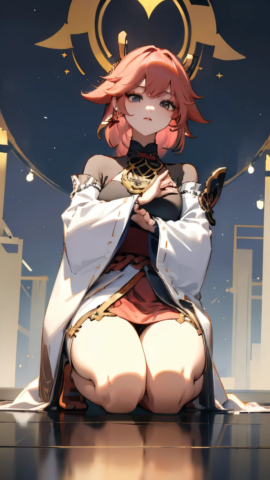 put your hands on your knees、stare into the distance、hopeful look、Yae Miko