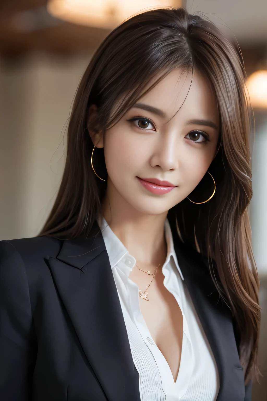 table top, highest quality, realistic, Super detailed, finely, High resolution, 8k wallpaper, 1 beautiful woman,, light brown messy hair, wearing a business suit, sharp focus, perfect dynamic composition, beautiful and detailed eyes, thin hair, Detailed realistic skin texture, smile, close-up portrait, model body shape