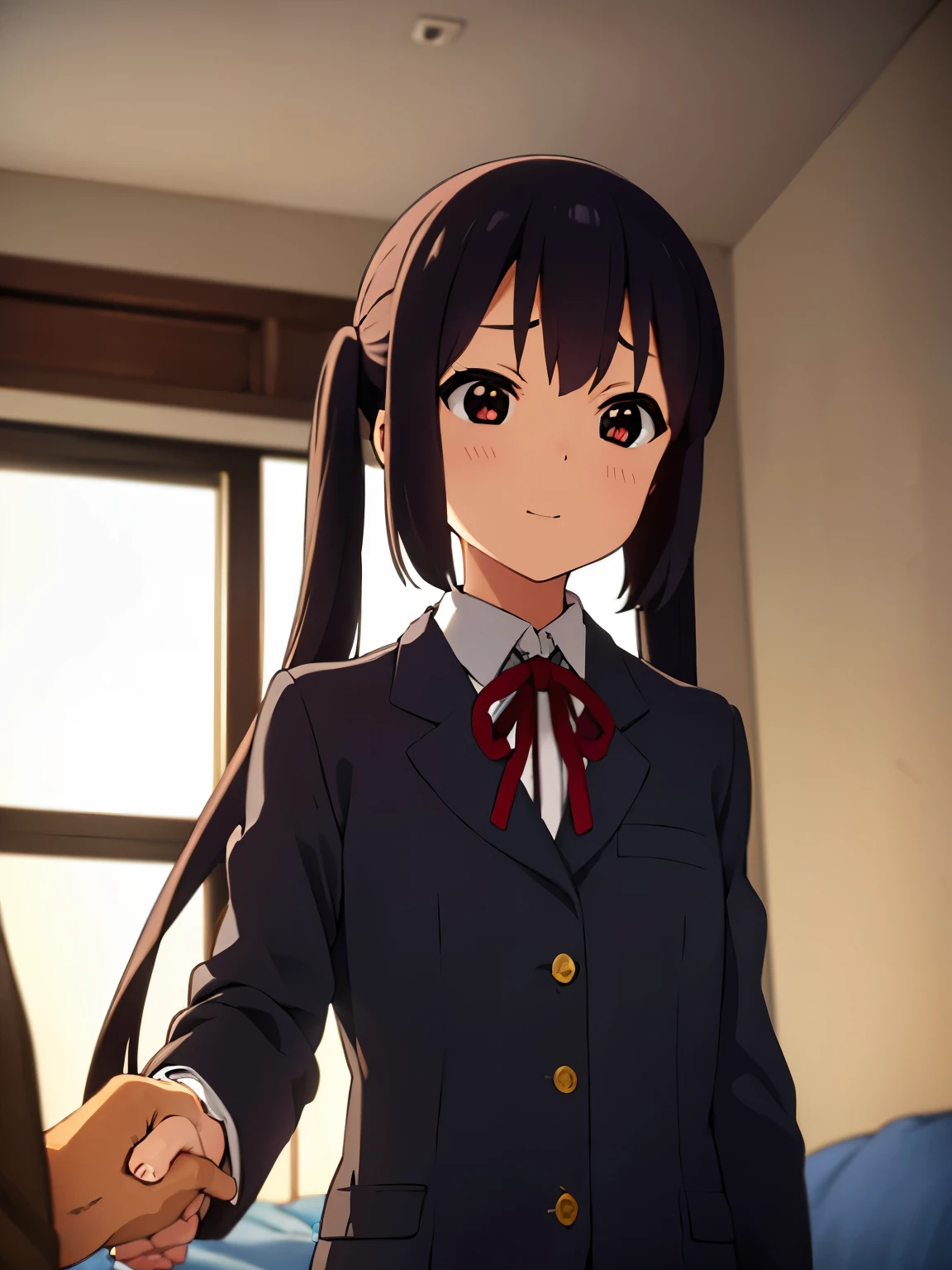 1girl, (((masterpiece))), wallpaper HD, top-quality, top-quality, High Details, nakano azusa, 1girl, Sakuragaoka High School Uniform, student clothes, Twin-tailed, length hair, A dark-haired, brown-eyed, solo, reddish, Dark blue blazer with thin red ribbon, Solid white buttoned shirt under blazer, illustratio, comic strip, soothing tones, Subdued Color, Soft cinematic light, adobe lightroom, photolab, HDR, intricately and hyper-detailed、(((depth of fields))))。(((masterpiece)))。(((top-quality))).)((ultra-detailliert)))。(((illustratio)))。(((takeout))).dynamic focus.big breasts.(((home))).(((A bedroom))).(((Face of happiness))). open smile mouth.(((hand holding a chocolate valentine gift))).(((up chest))).((morning glow)).((the setting sun)).