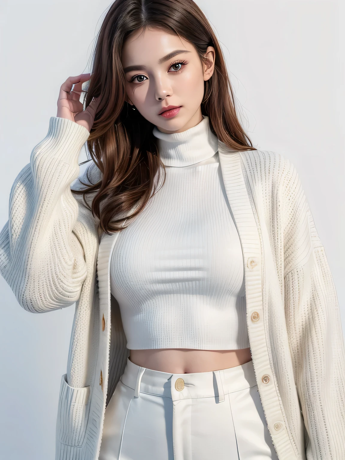 (8k, highest quality, High resolution, RAW photo, masterpiece :1.3), beautiful and stylish adult woman, long face, ((pure white background)), (red cardigan, turtleneck, wide pants), ((Accurately express details such as faces and skin textures)), wavy bob hair, take a pose