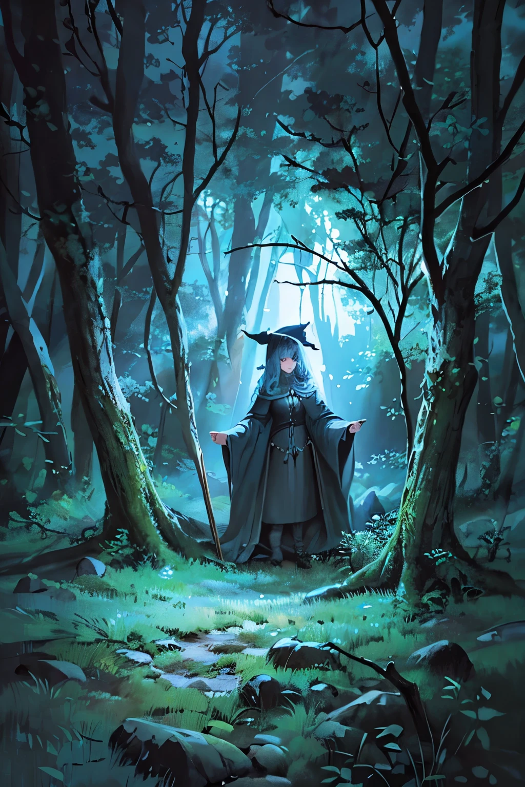 (best quality,4k,8k,highres,masterpiece:1.2),ultra-detailed,(realistic,photorealistic,photo-realistic:1.37),HDR,witch girl,gloomy atmosphere,enchanted book,crystal ball,detailed face,spellcasting,witch hat,magical essence,mysterious aura,dark magic,moonlit night,curly hair,mystic symbols,bookshelf with ancient spellbooks,focused expression,supernatural powers,glowing eyes,intense concentration,spooky forest background,witchy vibes,dark robes,witchcraft tools,potion bottles,glowing crystals,gnarled tree branches,witchy jewelry,incense smoke,flying broomstick,sorcery,witch as protagonist,occult knowledge,witch-themed artwork,occult aesthetics,shadowy moonlight,runic inscriptions
