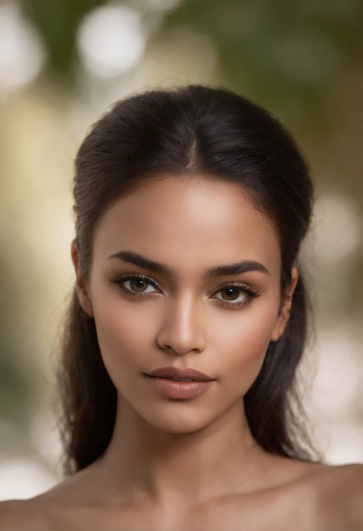 Rosto realista de mulher negra pele escura,olhar sensual,modelo feliz
