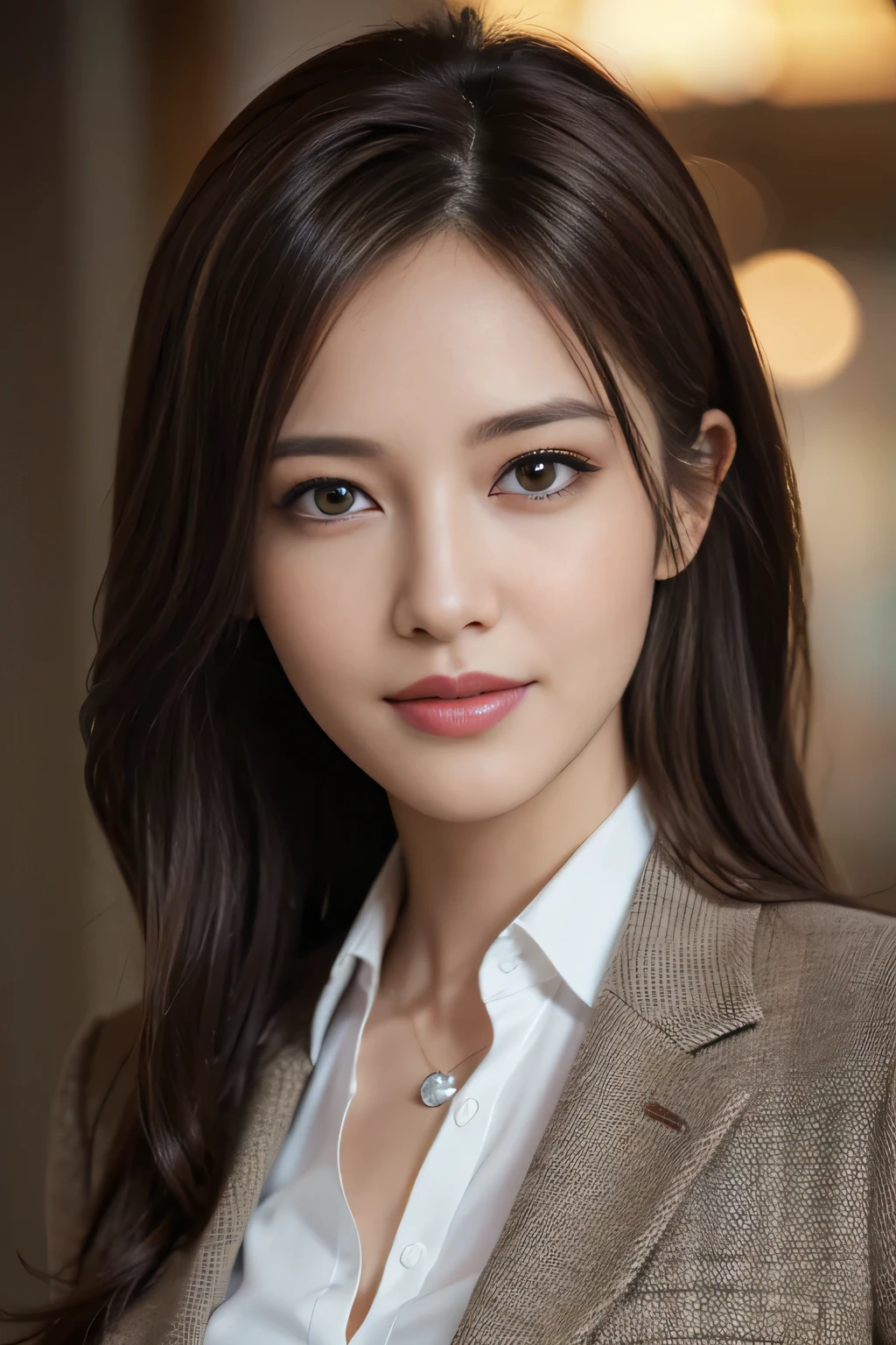 table top, highest quality, realistic, Super detailed, finely, High resolution, 8k wallpaper, 1 beautiful woman,, light brown messy hair, wearing a business suit, sharp focus, perfect dynamic composition, beautiful and detailed eyes, thin hair, Detailed realistic skin texture, smile, close-up portrait, model body shape