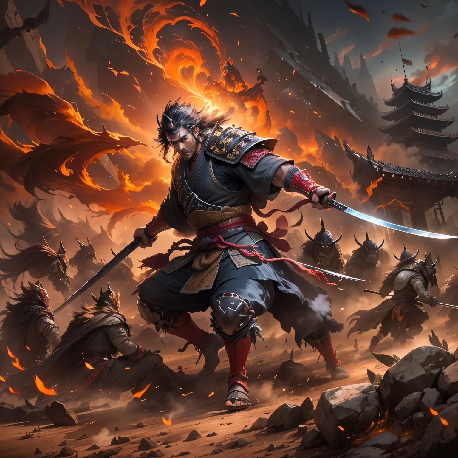 (best quality, highres:1.2), realistic, HDR, epic battle scene, samurai, katana, glimmering under the setting sun, horde of enemies, intense action, dynamic poses, fierce expressions, dust and debris in the air, dramatic lighting, cascading shadows, epic landscape, looming mountains, vibrant colors, powerful strikes, motion blur, detailed armor and weapons, intense battle cries, determined samurai, outnumbered but not afraid, adrenaline rush, bravery, honor
