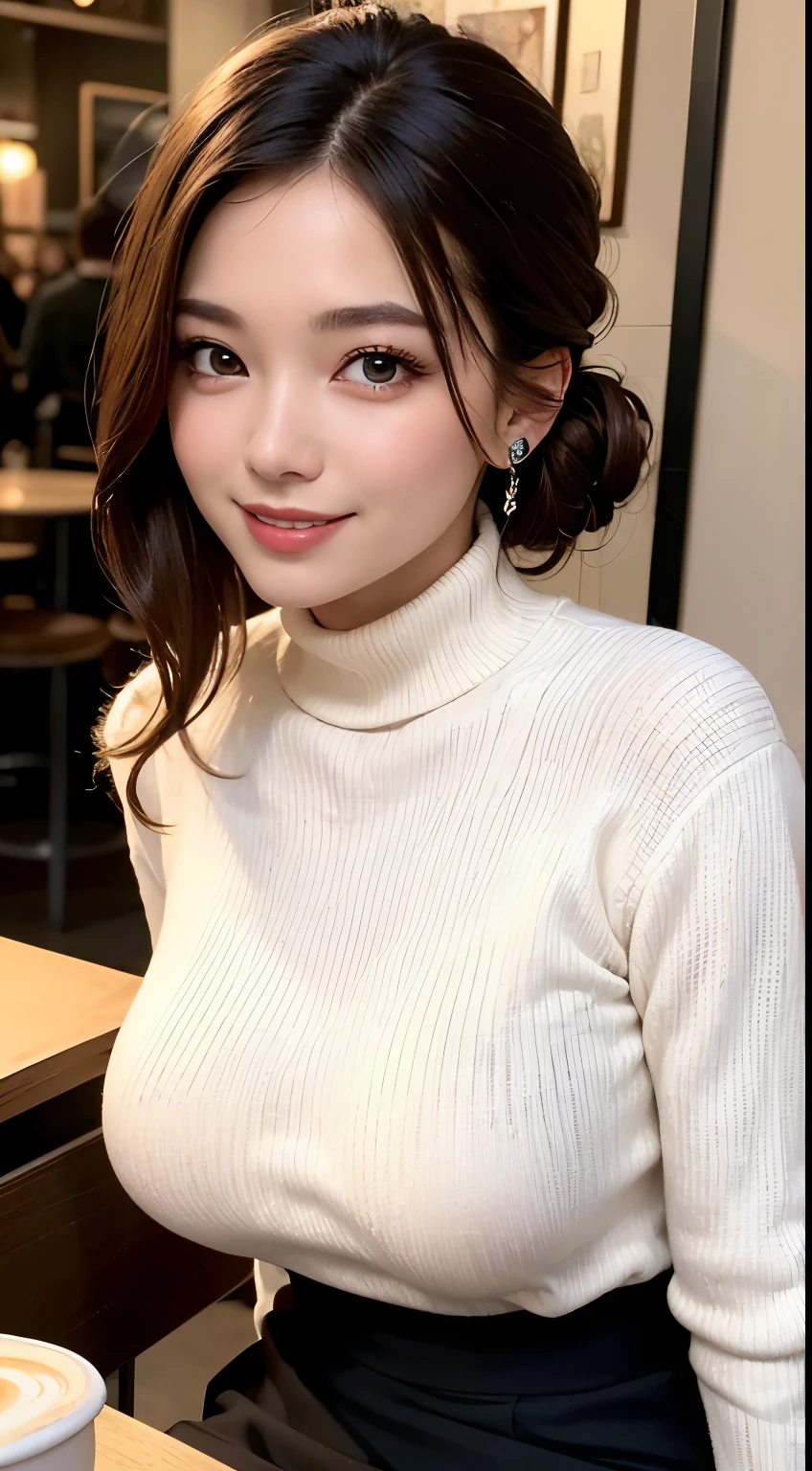 ((best quality, 8K, masterpiece)), ultra-detailed, sharp focus, 1 beautiful woman, updo, white turtleneck sweater, black tight skirt, huge breasts, highly detailed face and skin texture, ((detailed eyes)), ((beautiful eyes:1.2)), smile, sitting, cafe, (latte)