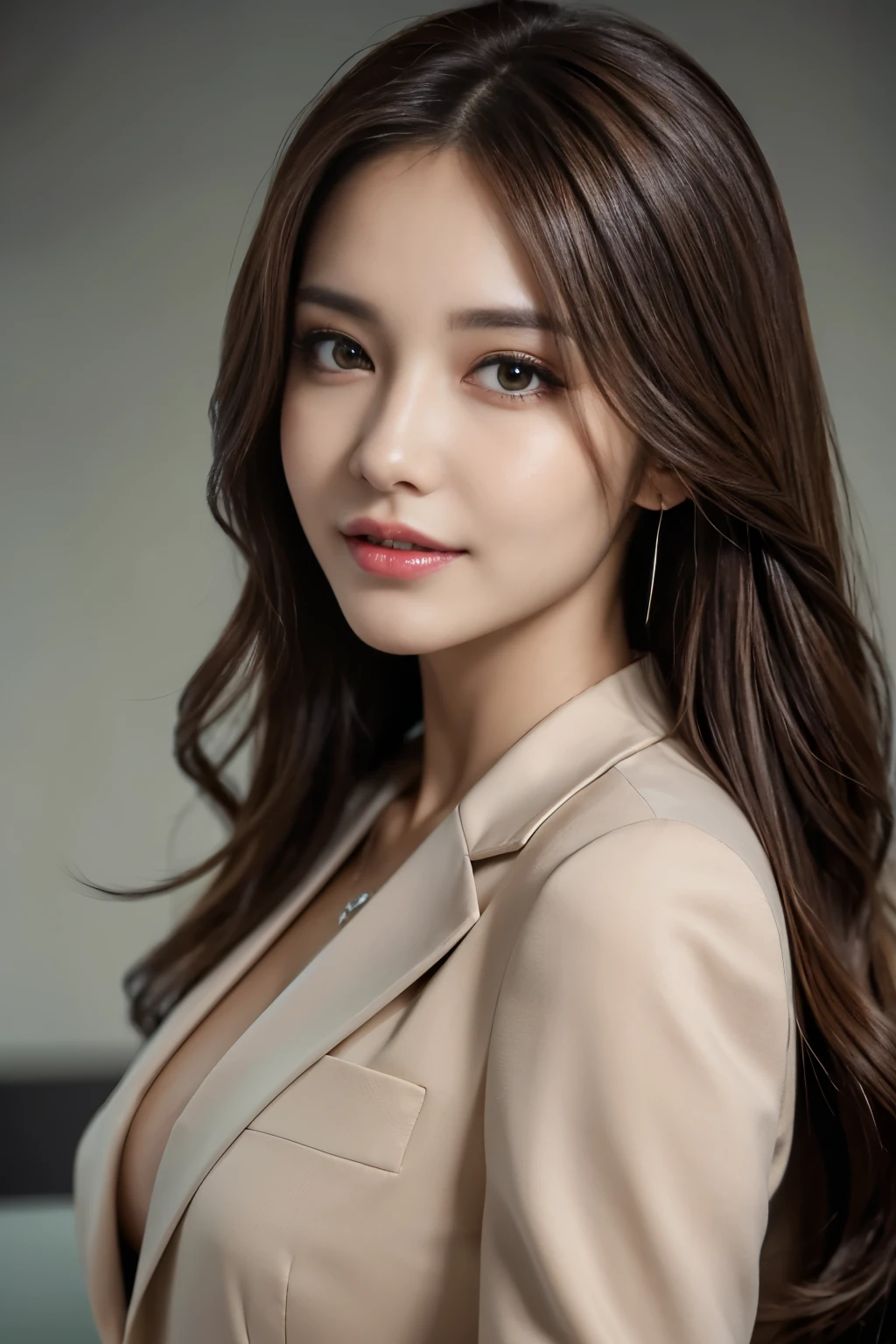 table top, highest quality, realistic, Super detailed, finely, High resolution, 8k wallpaper, 1 beautiful woman,, light brown messy hair, wearing a business suit, sharp focus, perfect dynamic composition, beautiful and detailed eyes, thin hair, Detailed realistic skin texture, smile, close-up portrait, model body shape