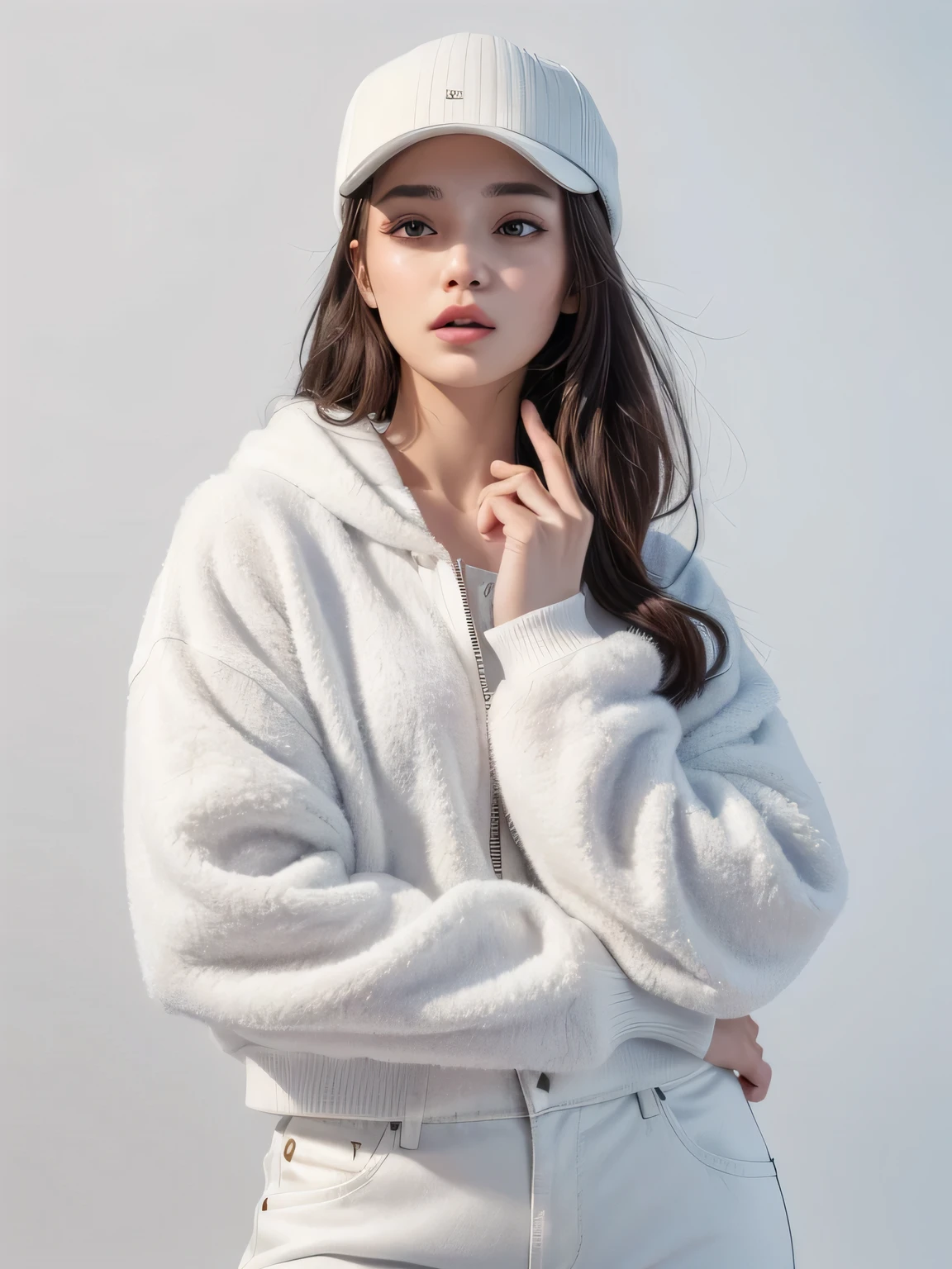 (8k, highest quality, High resolution, RAW photo, masterpiece :1.3), beautiful and stylish adult woman, long face, ((pure white background)), (fleece jacket, oversized shirt, wide pants, have), ((Accurately express details such as faces and skin textures)), bob hair, take a pose