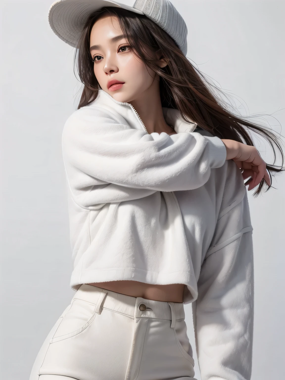 (8k, highest quality, High resolution, RAW photo, masterpiece :1.3), beautiful and stylish adult woman, long face, ((pure white background)), (fleece jacket, oversized shirt, wide pants, have), ((Accurately express details such as faces and skin textures)), bob hair, take a pose