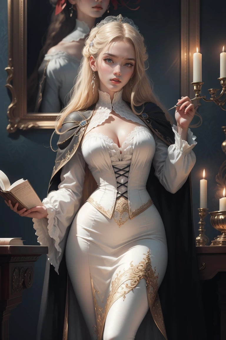 { - anatomy error}(Masterpiece - Ultra-detailed, very high resolution) Prepare to be enchanted by a true masterpiece that combines ultra-detailed art with high-resolution rendering. This work depicts a mesmerizing woman with very long blond hair (1.3) and captivating gray eyes (1.2), emanating an aura of elegance and mystery in Victorian settings. The intricate details and realistic textures invite you to explore every aspect of this enchanting composition. Woman wearing beautiful classic Victorian costume from the year 1878. Red lips. Happy face. Smiling. white (white) dress. reading, writing, dynamic poses. Get ready to dive into a world where beauty and craftsmanship merge perfectly.