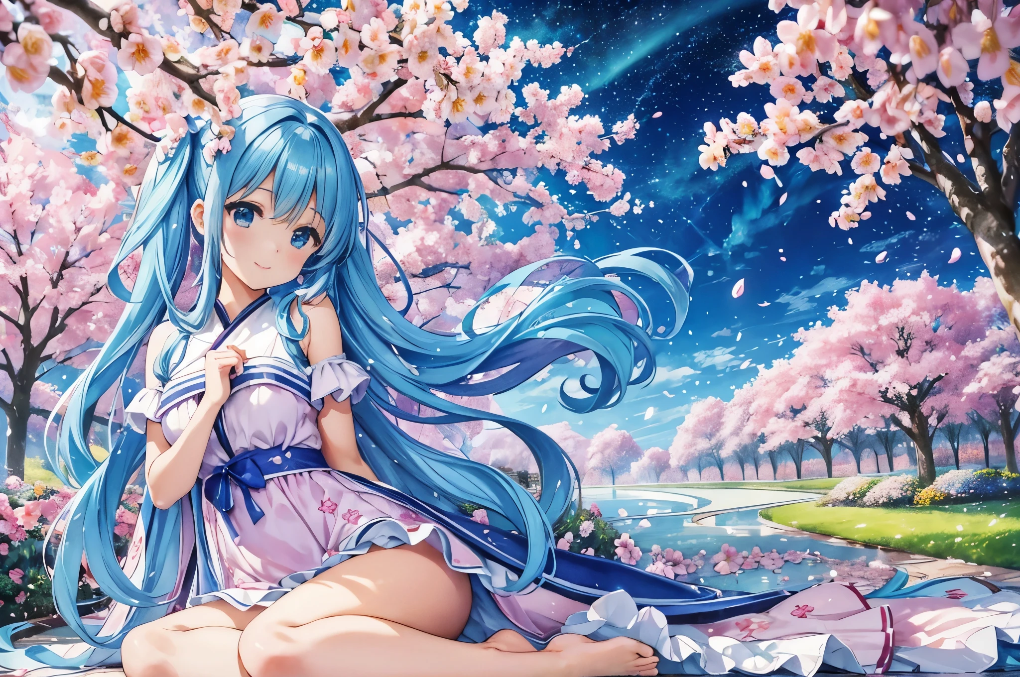 (High resolution、Super detailed、nffsw、movie)、one girl、Sakura flower gardenに立つ女の子、Girl around the petals、adorable smile、looking at camera、Full body Esbian、long-haired girl with blue hair、twin tail hairstyle、look at the camera、fantasy、cute dress、highly detailed face、highly detailed eyes、Sakura flower garden、Sakura flower petal splash art、Ultra Detailed Fields、beautiful white starry sky、aurora、Light blue、blanche、nebula in the sky、watercolor painting、pastel colour