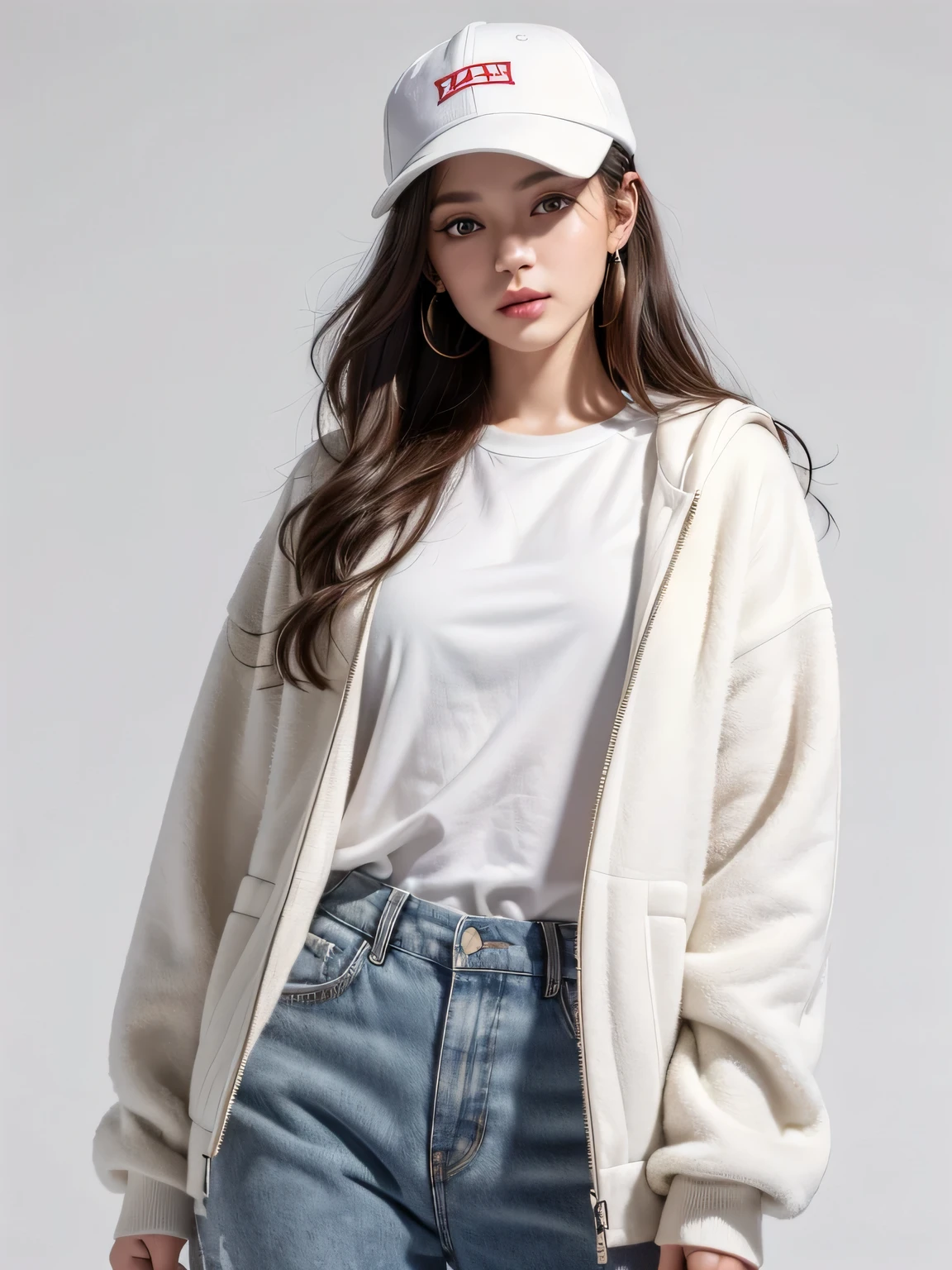 (8k, highest quality, High resolution, RAW photo, masterpiece :1.3), beautiful and stylish adult woman, long face, ((pure white background)), (fleece jacket, oversized shirt, wide pants, have), ((Accurately express details such as faces and skin textures)), wavy bob hair, take a pose