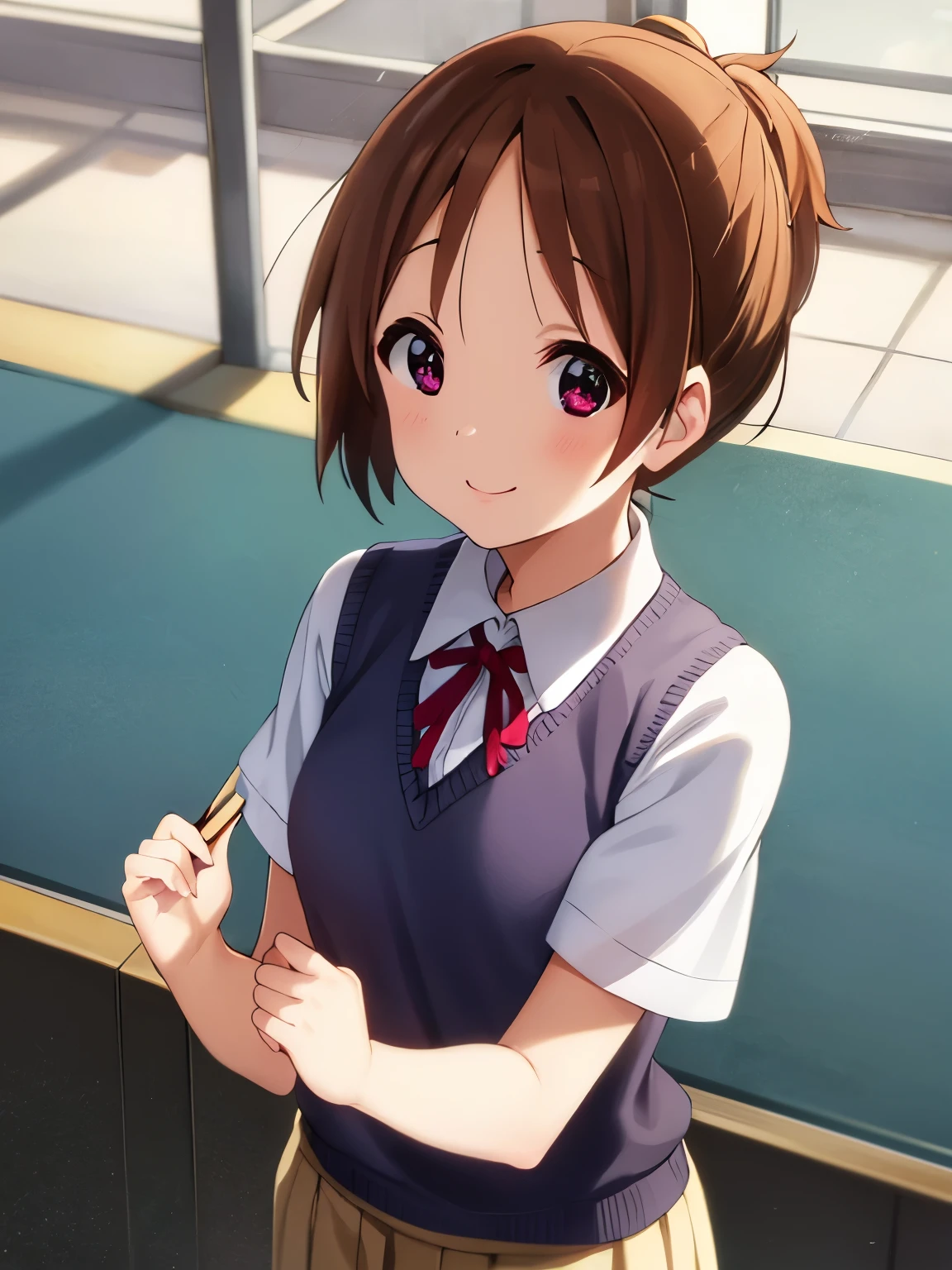 (((picture perfect))), 1girl, solo, ui hirasawa, school uniform, sweater vest, short sleeves, looking at viewer, smile