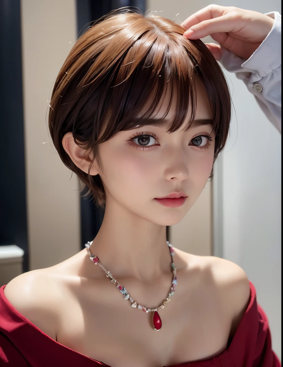 ((highest quality))、(masterpiece:1.4)、RAW photo、8k、((best image quality))、 ((High resolution))、Beautiful face in every detail、realistic human skin、gentle expression、(one woman:1.3 )、realistic、Photoreal、(short hair)、layer cut、(cute woman:1.2)、(cute japanese girl)、(boyish:1.4)、(mannish)、((Beautiful woman))、(beautiful hair)、((dark brown hair))、(((red cheeks)))、(her eyes are big)、20 year old beauty、(small face:1.3)、small head、((long neck))、white skin、spotless skin、With bangs、everyone praises、日本のBeautiful woman、8 heads tall、(necklace)、haircut model、((beauty salon))、((Hair set))、