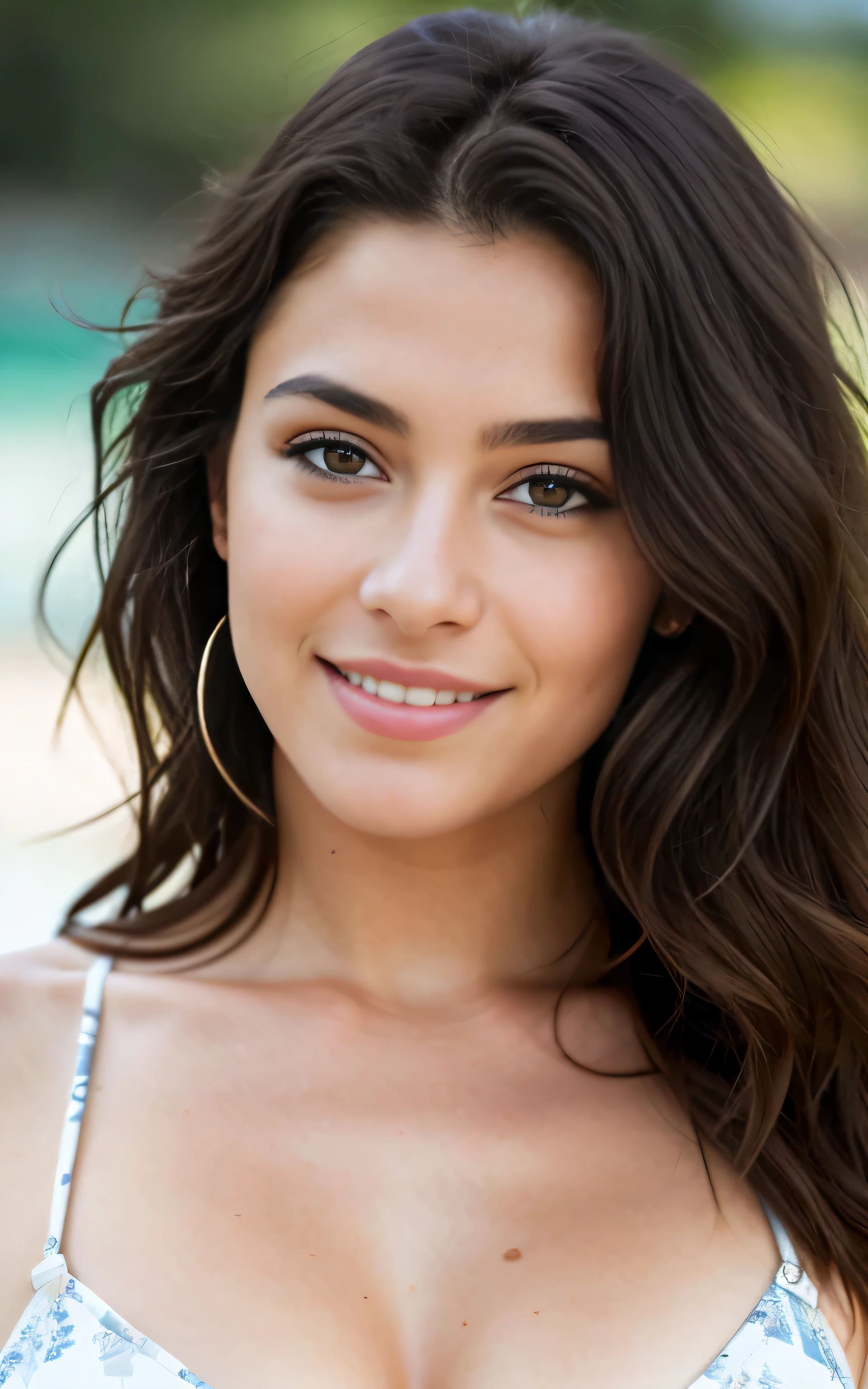 beautiful brunette in bikini , Muito detalhado, 21 anos de idade, rosto inocente, cabelos ondulados naturais, olhos castanhos, high resolution, obra de arte, melhor qualidade, detalhes intrincados, altamente detalhado, sharp focus, pele detalhada, Realista skin textura, textura, olhos detalhados, profissional, 4k, sorriso charmoso, filmado em Canon, 85mm, profundidade superficial de campo, Cores Kodak Vision, corpo em forma perfeita, extremamente detalhado, foto_\(ultra\), photoRealista, Realista, Post-processing, maximum detail, rugosidade, Vida real, ultra Realista, fotorrealismo, fotografia, 8k hd, fotografia