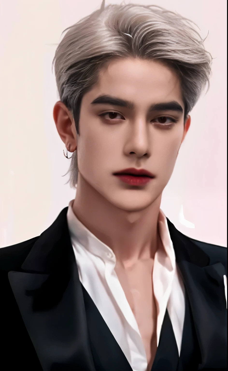masterpiece, best perfection quality, ultra_detailed, (higher describe accuracy), 1 mature male, 30-ish, (wide shoulder), (muscular), male focus, solo, attractively hot handsome, super detailed white hair, super detailed mullet short-haircut, super detailed white skinned, upper body, looking at viewer, parted pink lips, black suit with collar and long sleeves, super detailed perfection clothes, monocle, jewelry, expressionless face, enigmatic stare, (((office simple-background))), photography of a mafia boss, super detailed accuracy, perfect body, perfect shapes, realistic potrait, award winning photography, 8k.