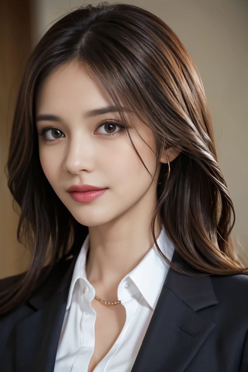 table top, highest quality, realistic, Super detailed, finely, High resolution, 8k wallpaper, 1 beautiful woman,, light brown messy hair, wearing a business suit, sharp focus, perfect dynamic composition, beautiful and detailed eyes, thin hair, Detailed realistic skin texture, smile, close-up portrait, model body shape