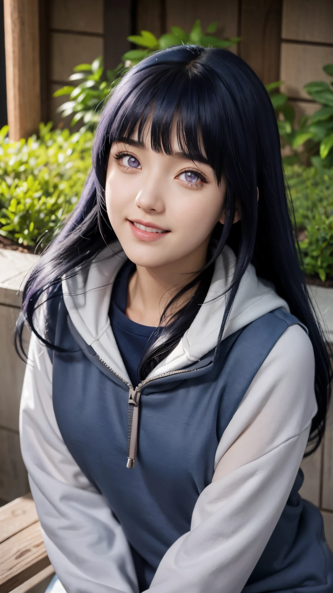 close up image of a person with long hair and a hoodie, hinata hyuga, hinata hyuga from naruto, from naruto, as an anime character, perfect anime face, she has dark blue hair with bangs, female anime character, anime characters, best anime girls, style hime cut hair, dark blue hair, pink lips, light purple eyes, smile, (pretty face:1.3)