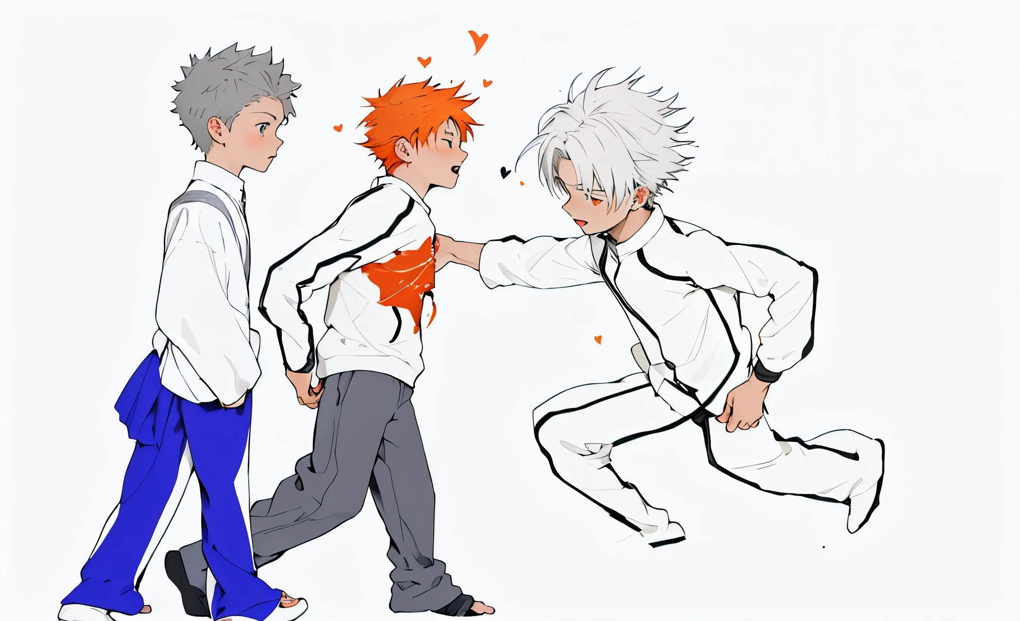 There are three boys, a 7--old with white hair attacks the heart directly, a 17-yearld with nge hair who protects the 17-year-old grayairoy., el fondo se ve una hermosa ciudad arabe de fantasia