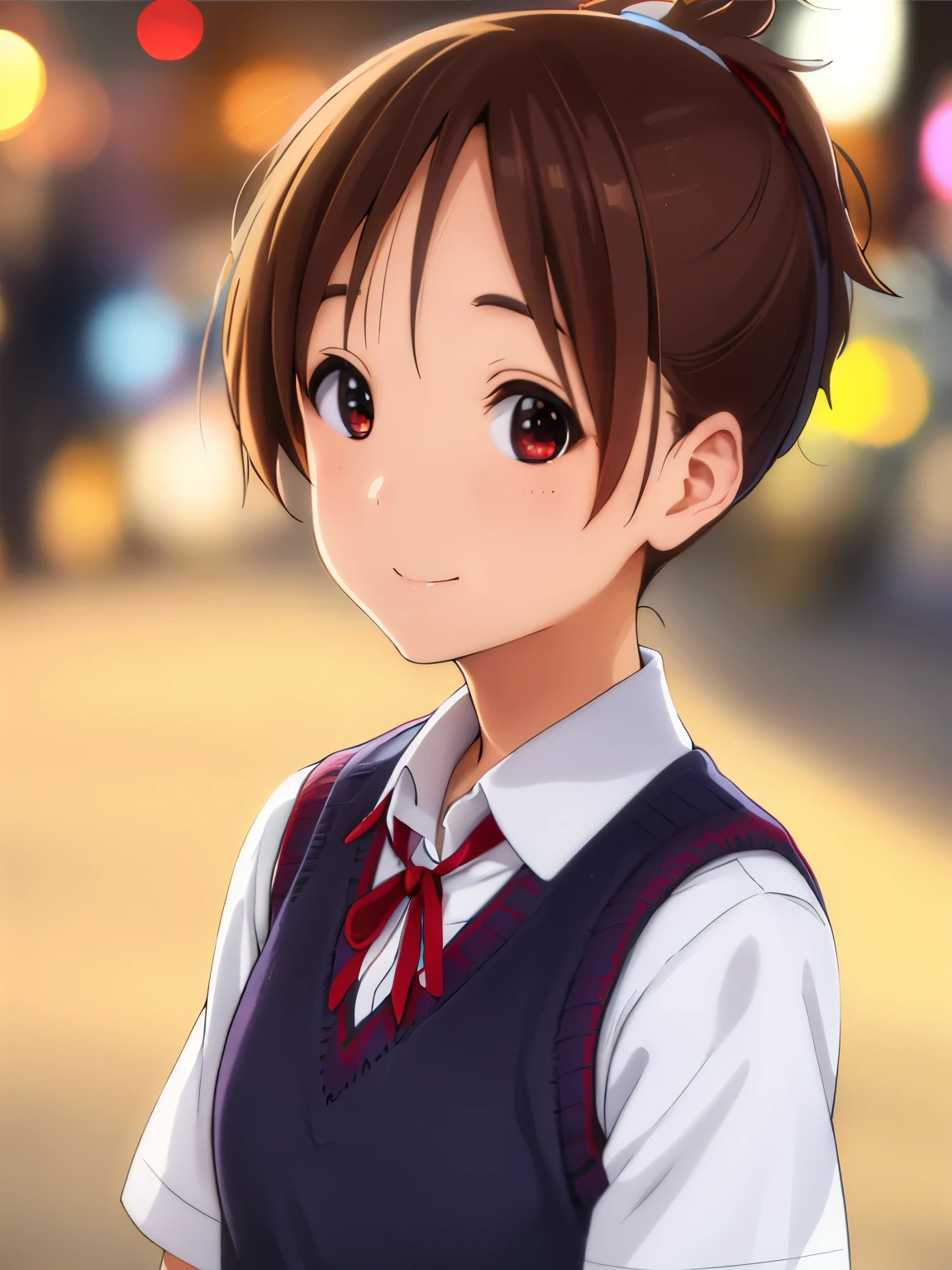 (best quality,ultra-detailed,realistic),(portraits),(vivid colors),(sharp focus),(professional),(bokeh),(HDR),(studio lighting),(medium:oil painting),(picture perfect),1girl,solo,ui hirasawa,school uniform,sweater vest,short sleeves,looking at viewer,smile